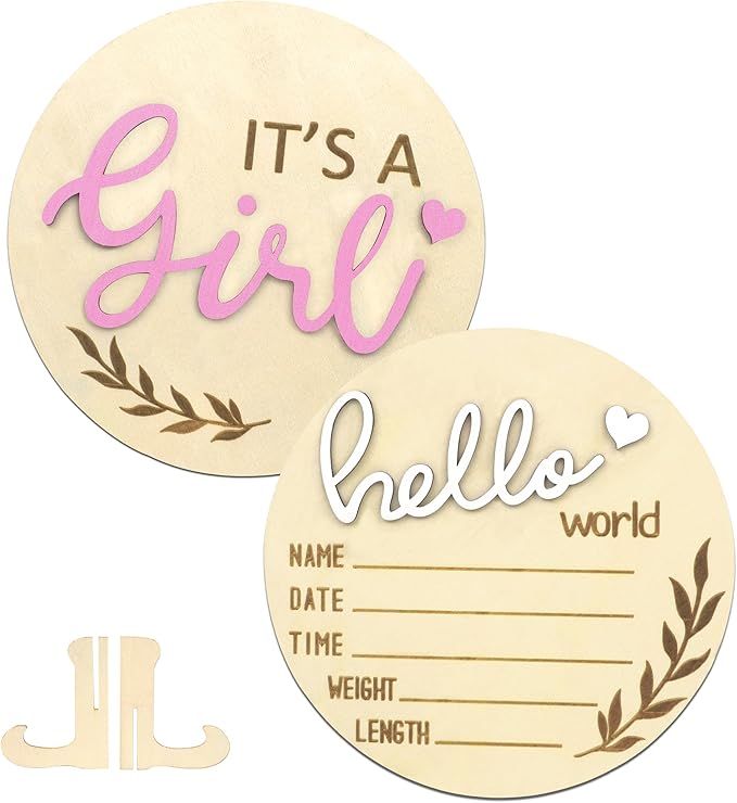 Birth Announcement Sign, Gender Reveal 2PCS Its a Girl and Hello World Baby Welcome Sign Wooden Name Newborn Announcement Board for Baby Shower Photo Props Hospital Nursery