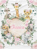 Personalized Cute Jungle Safari Animals Pink Floral Baby Blanket with Name for Girls Boys Custom Nursery Kids Blankets for Baby Shower Birthday Gifts Customized Baby Throw Soft Fleece 30 x 40 inch