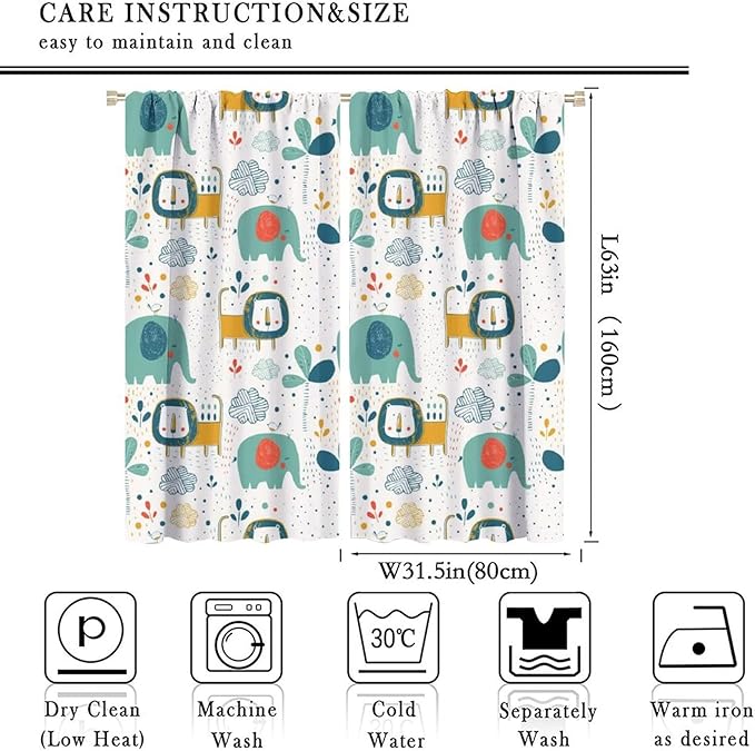 Cute Lions Blackout Curtains for Kids Bedroom,Cartoon Tropical Plants Birds Elephants Print Pattern Window Drapes,Funny Animal Thermal Insulation Curtain for Nursery Baby Room 63x63in