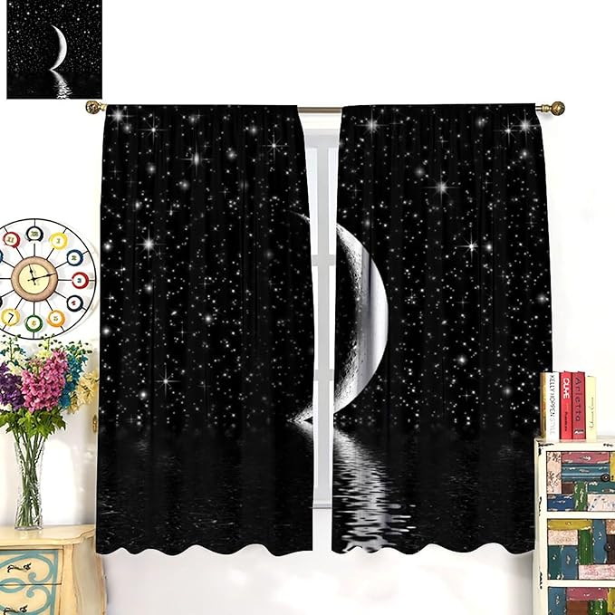 Night Starry Sky Curtain, Black Moon Phase Cloud Stars White New Moon Sparkly Shiny Galaxy Space Lake Fantasy Window Curtains for Kids Boys Girls Room Bedroom Living Room 72" W X 63" L