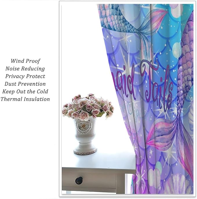 Dream Mermaid Curtain Colorful Mermaid Shell Ocean Theme Fantasy Blackout Curtains for Kids Boys Girls Bedroom Nursery Room Decor Rod Pocket Window Drapes 63x72in