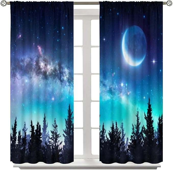 Galaxy Forest Blackout Curtains, Night Starry Sky Stars Moon Aurora Borealis Window Drapes for Bedroom Living Room Home 42" W X 45" L
