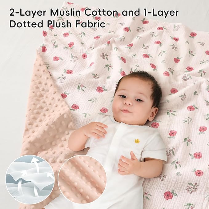 david's kids Muslin Minky Baby Blanket for Girls with Muslin Cotton Front and Dotted Fleece Backing, Breathable and Soft Lightweight Receiving Blanket for Newborns, 40x50 Inches, Pink Floral