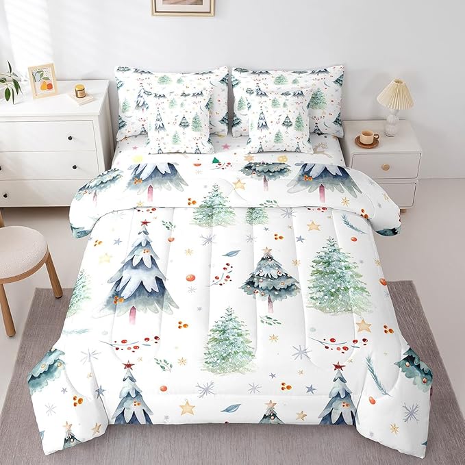 Feelyou Christmas Bed Set Xmas Tree Comforter Set with Sheets Snowflake Watercolor Blue Bed in a Bag for Kids Boys Girls Room Decor New Year Theme Bedding Set Bedroom Collection Twin Size