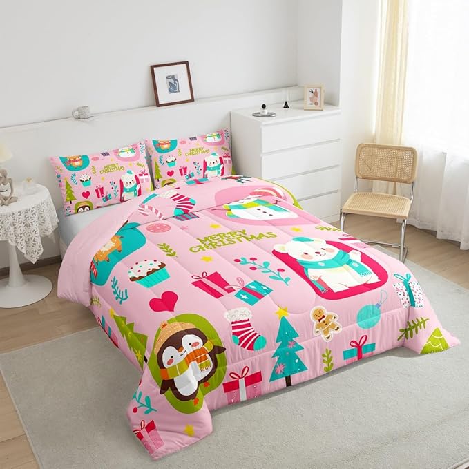 Erosebridal Christmas Cartoon Bedding Set for Kids Cute Snowman Bear Comforter Set Toddler Size Xmas Tree Deer Elk Reversible Quilts Kawaii Penguin Animal Duvet Insert Room Decor