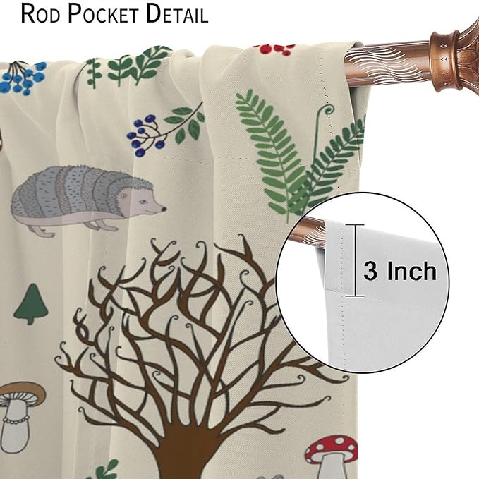 Kids Forest Animal Curtains, Rustic Cute Wild Animal Fox Deer Hedgehog Window Treatments Farmhouse Woodland Window Drapes for Girls Boys Nursery Toddler Bedroom 63x72in