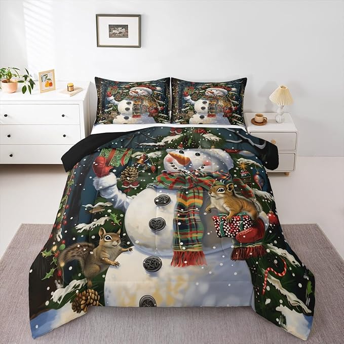 Feelyou Christmas Kids Comforter Set Queen Size Snowman Squirrel Bedding Set Snowflake Gift Duvet Quilt for Kids Boys Girls Bedroom Branch Berry Decor Microfiber Ultra Soft Breathable