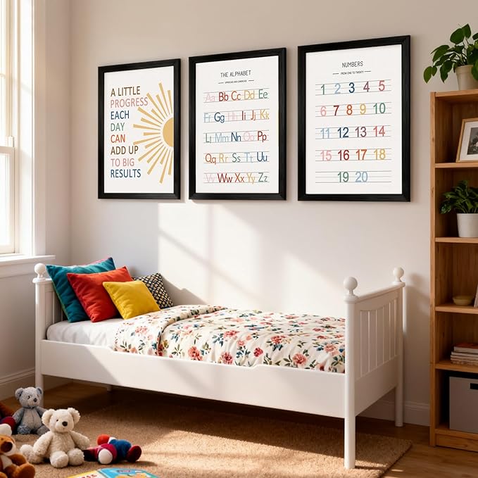 3 PCS Alphabet Numbers Framed Playroom Wall Decor,Classroom Must Haves,A Little Progress Each Day Boho Educational ABC Poster Wooden Sign for Baby Girl Kid Boy Toddlers,Neutral Preschool English Letters Nursery Decor for Homeschool Kindergarten Kids Le...