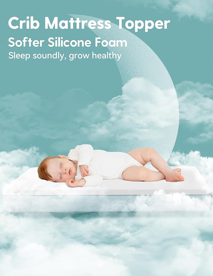 BABELIO Crib Mattress Topper, 100% Machine Washable Breathable Silicone Foam Toddler Mattress Topper Pad, Zipper Cover, 52" x 27" x 1", Fits Standard Size Cribs & Toddler Beds