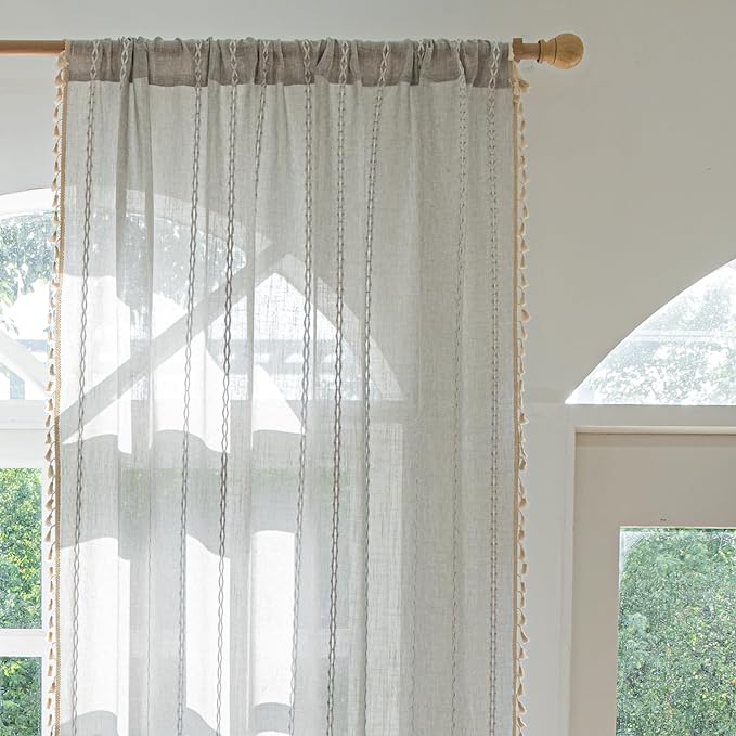 Deeprove Grey Boho Curtains 84 inches Length for Bedroom Living Room, Silver Gray Bohemian 84 inches Long Embroidery Farmhouse Light Filter Privacy Style Tassel Window Treatments, W52 x L84, 1 Panel