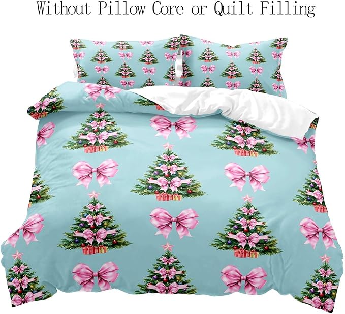 LUVIVIHOME 3PCS Pink Bow Christmas Tree Duvet Cover King Bedding Set, Teen Girl Bedding, Blue Duvet Cover, Winter Holiday Kids Christmas Comforter Cover, Coquette Room Decor Aesthetic, 2 Pillow Cases