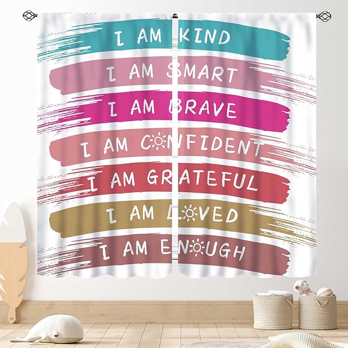 Rainbow Curtains for Classroom, Kids Girls Baby Boho Cute Inspirational Motivational Quotes Cartoon Colorful Pastel Nursery Classroom Bedroom Living Room Bathroom Window Drapes 2 Panels, 42"x63" Inch