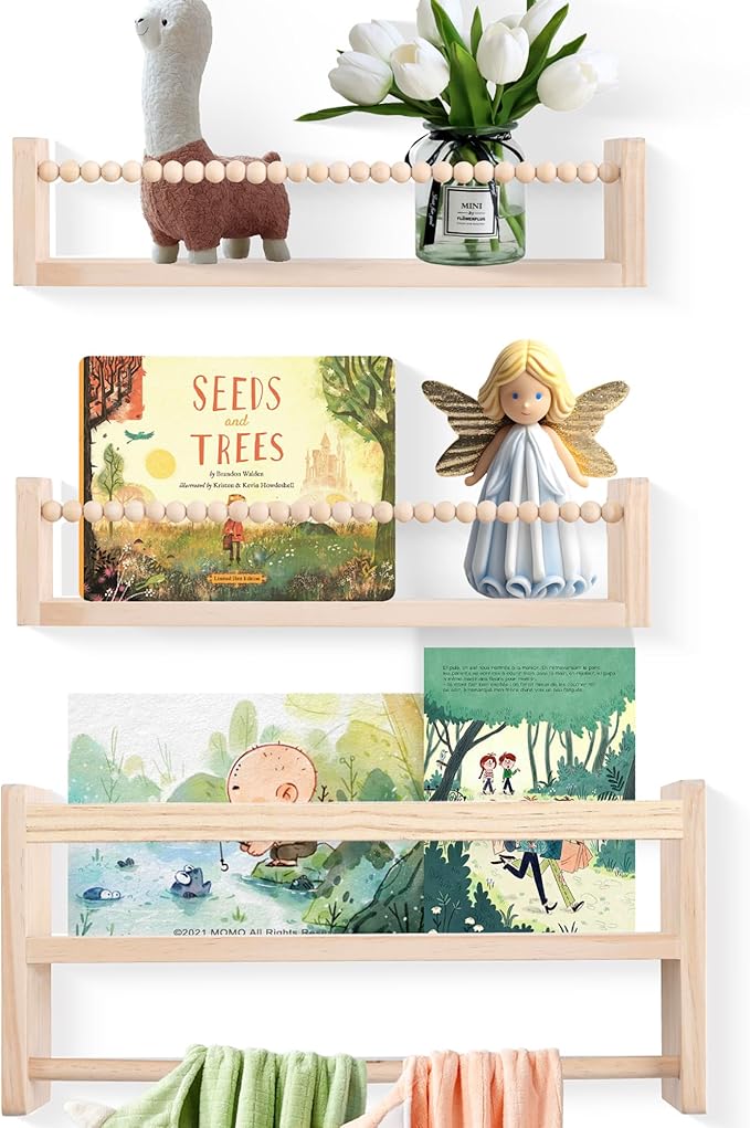 Nursery Floating Book Shelves, Wall Mounted Shelf with Towel Bar for Kids Room, Nursery Wall Shelves Set of 3 - Rustic Bookshelf Organizer for Baby Books & Toys,Natural Wood