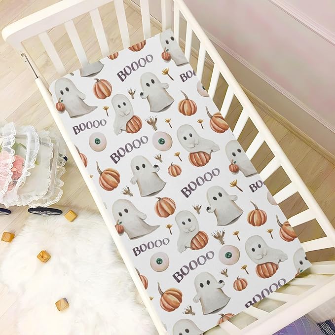 Ghosts Pumpkins Halloween Crib Sheets Soft Breathable Fitted Baby Playard Sheets Mattress Cover for Girl Boys, 39" x 27" x 5"
