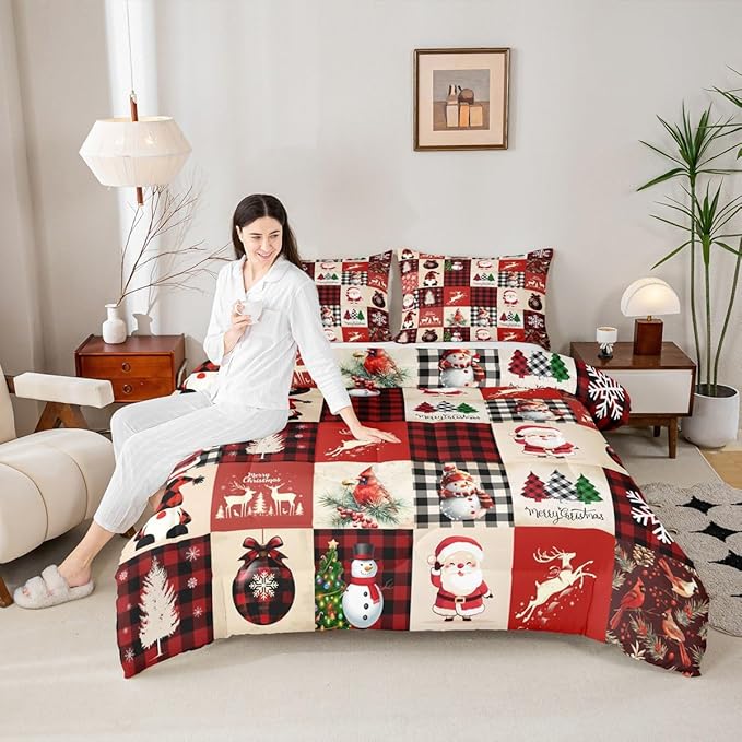 Christmas Comforter Set Queen Size,Red Plaid Holiday Design Bedding Set 3pcs,Snowman Santa Claus New Year Patchwork Down Comforter for All Season, Kids Boys Girls Room Decor,2 Pillowcases,No Sheets