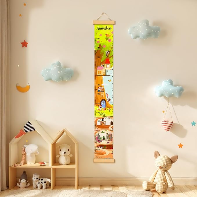 Personalized Name Height Chart for Kids, Kids Growth Chart for Wall, 59" X 7.9" Canvas Removable Height Chart Measuring Ruler for Kids & Baby（Paint Animal Home）