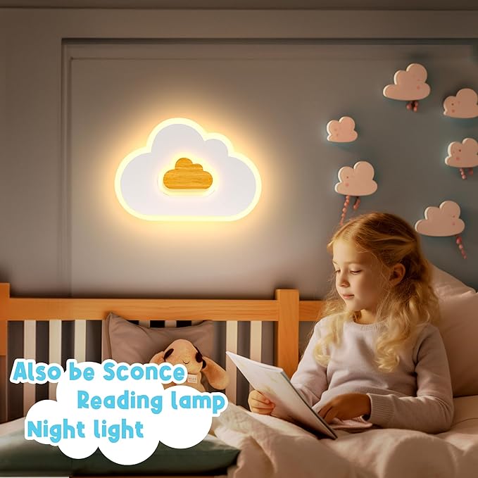 LED Ceiling Light Fixture 15.7in Dimmable Children Cloud Lights for Ceiling with Remote Control 20W Creative Wooden Bedroom Ceiling Lamp for Kids Room Bedroom Living Room