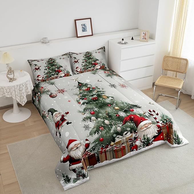 Merry Christmas Comforter Set King Size,Christmas Tree Snowflake Duvet Insert for Kids Boys Girls Room Decor,Santa Claus X'mas Theme Bedding Set 3Pcs,Star Polka Dot Glitter Quilt Set,2 Pillowcases