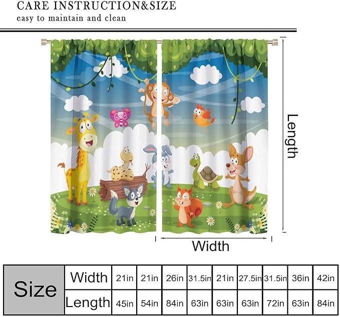 Animal Curtains, Cartoon Cute Woodland Jungle Forest Animals Pattern Blackout Window Treatments, Rod Pocket Thermal Insulated Drapes 2 Panel Sets for Kids Nursery Bedroom Classroom, 63" W X 63" L