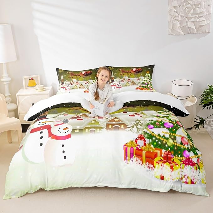 Manfei Christmas Duvet Cover Set Full Size, Xmas Tree Snowman Comforter Cover with 2 Pillowcases, Santa Claus with Deer Bedding Set for Kids Boys Girls New Year Theme Bedspread Cover, No Comforter