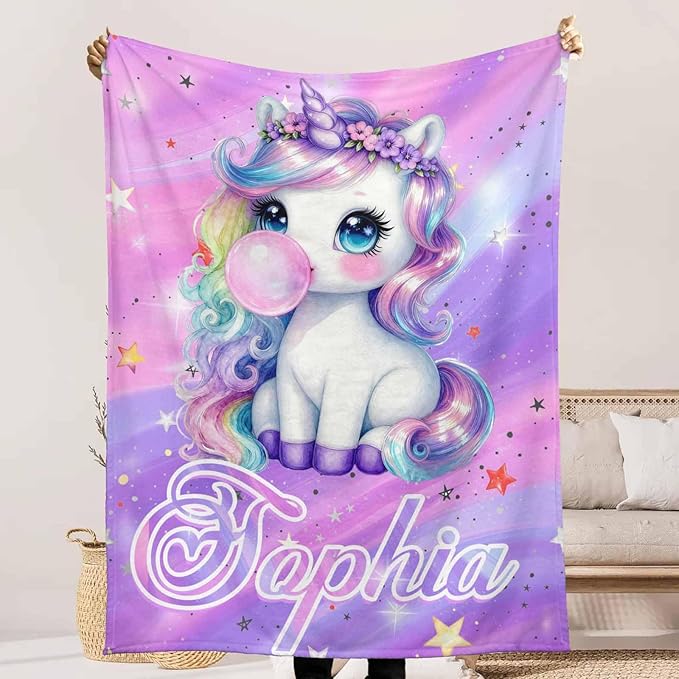 Custom Unicorn Blanket for Girls, Personalized Baby Blanket with Name for Kids Teens, Cute Blanket for Daughter Granddaughter,Gift for Unicorn Lovers, Cozy Flannel Throw Blankets for Bed Room Decor