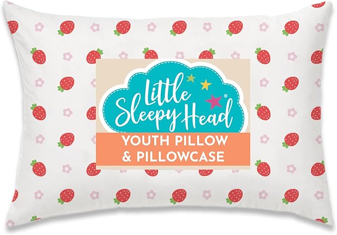 Little Sleepy Head Youth Pillow, 16x22, Soft Toddler Pillow, Hypoallergenic Pillow Case - Perfect Kids Travel Pillow (Strawberries)
