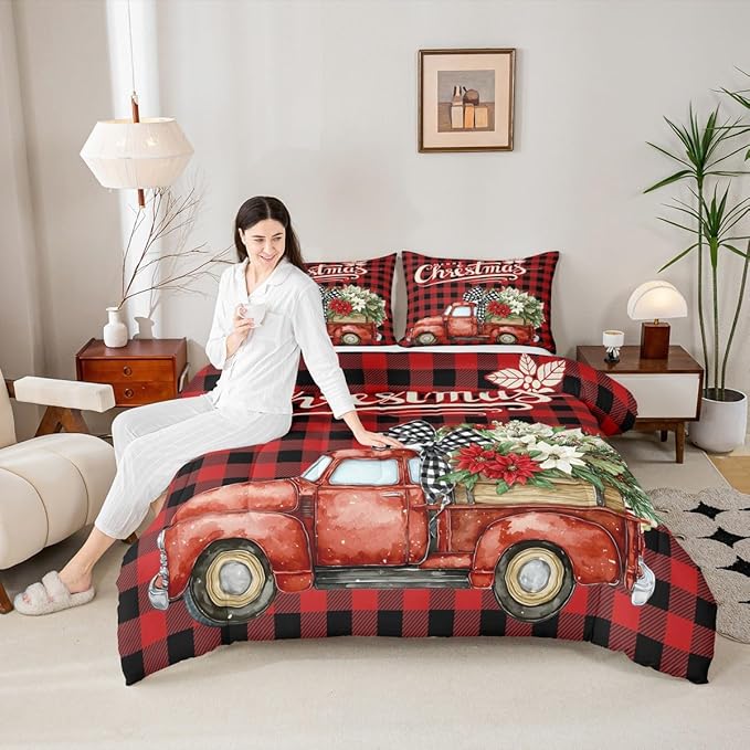 Kids Christmas Truck Comforter Set Queen Size,Floral Leaves Romantic Bedding,Girls Boys Adults Bedroom/Xmas Cabin Decor,Geometric Plaid Retro Down Comforter,Rustic Farm Duvet Insert,2 Pillowcases