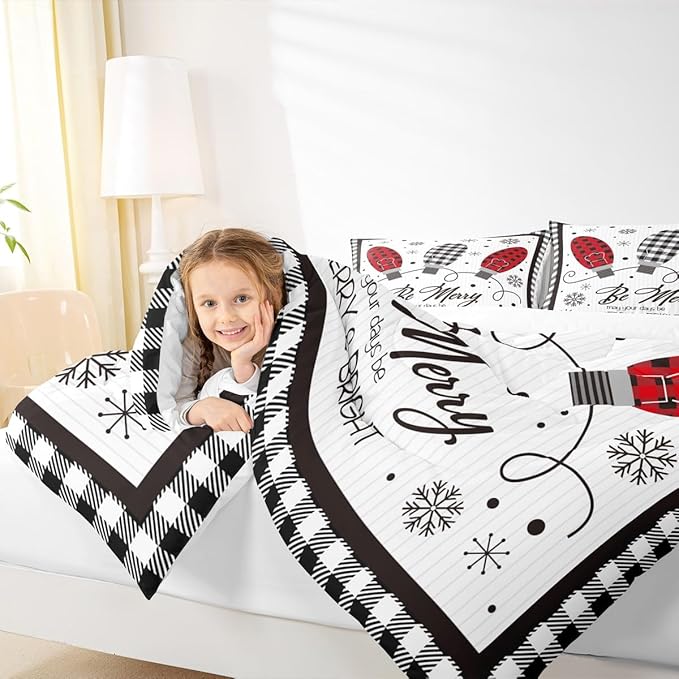Merry Christmas Kids Comforter Set Full Size,Geometric Grids Stylish Bedding,Girls Boys Adults Bedroom/Xmas Cabin Decor,Snowflake Bells Down Comforter,Rustic Farmhouse Duvet Insert,2 Pillowcases