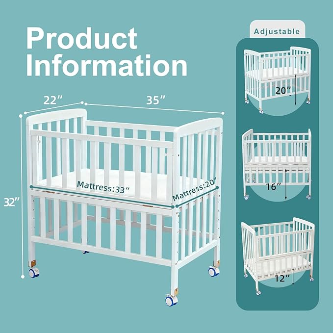 Portable Mini Baby Crib - Convertible Baby Cribs with Soft Foam Mattress(33 * 20"),6 Heights Bedside Bassinet Sleeper,Wheeled Bedside Crib Co Sleeper for Small Space,White