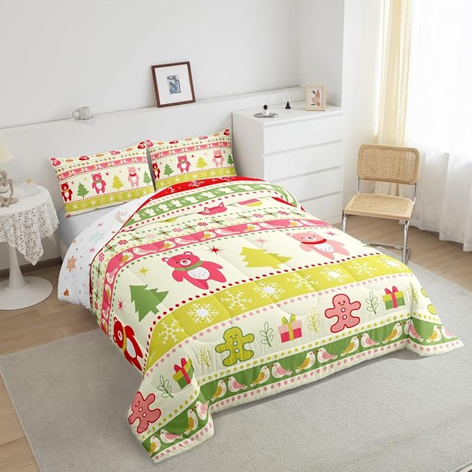Erosebridal Merry Christmas Comforter Set Kids King Size Xmas Tree Decor Quilts Snowflake Bedding Set Cute Colourful Bear Duvet Insert with 2 Pillow Cases