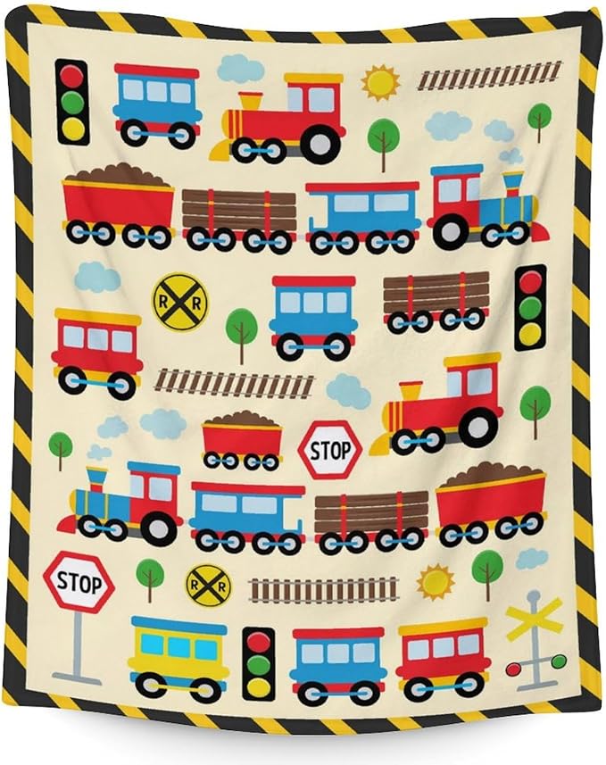 Train Blanket for Boys Kids - 40" x 50" Inches Cartoon Train Blanket Gifts - Yellow Warm Soft Flannel Throw for Crib, Couch, Sofa