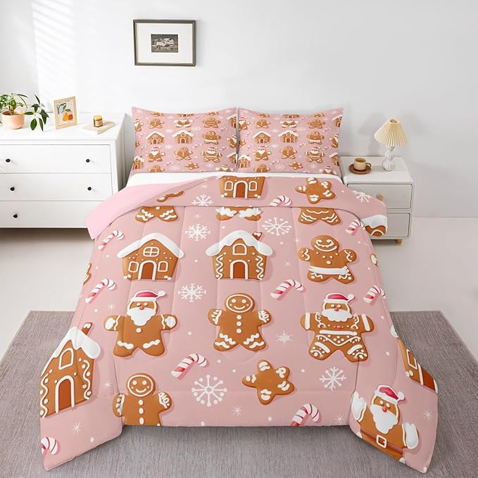 Feelyou Christmas Comforter Set All Season Gingerbread Man Bedding Set with 2 Pillow Cases Santa Microfiber Kids King Bedclothes Snowflake Bedroom Decor Duvet Quilt Breathable Soft Lightweight