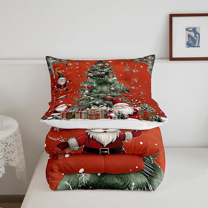 Christmas Theme Comforter Set Queen Size,Snowflake Christmas Tree Bedding Set for Kids Teens Adults Room Decor,Santa Claus Red Duvet Insert 3Pcs,X'mas Star Polka Dot Glitter Quilt Set,2 Pillowcases