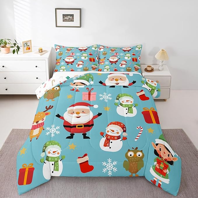 Erosebridal Merry Christmas Comforter Set Cartoon Santa Claus Quilts Toddler Size Holiday Snowman Deer Elk Bedding Set Xmas Decor for Kids Boys Teens Cute Owl Animal Down Comforter,Blue