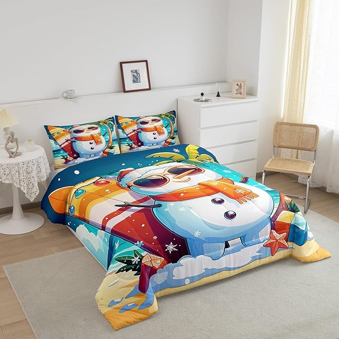 Manfei Cute Snowman Comforter Set Full Size, Christmas Theme Bedding Set for Kids Boys Girls, Beach Surfboard Palm Tree Down Comforter for All Season, Lightweight Duvet Insert, 2 Pillowcases