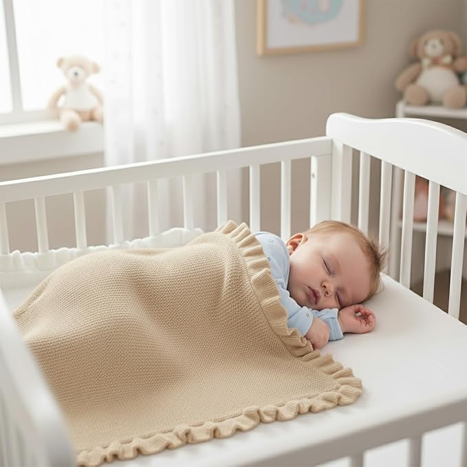 Cotton Baby Blanket with Ruffle Edge Soft Breathable Newborn Blanket for Boys & Girls, Lightweight Knit Throw for Crib, Stroller & Nursery Multiple Colors Available Beige 28x36