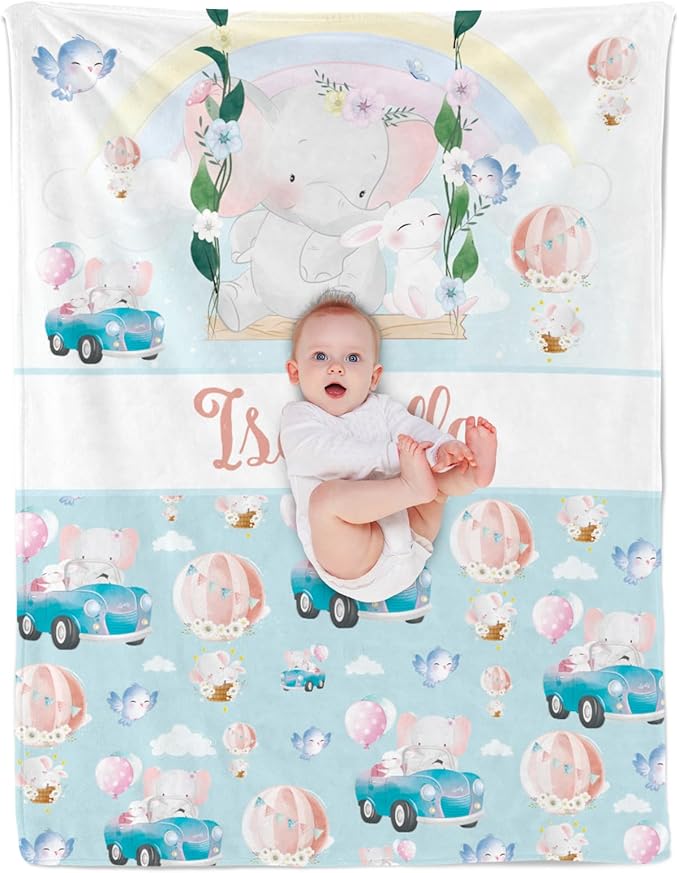 Custom Safari Animals Blanket Gift, Personalized Baby Blanket with Name, Soft Plush Flannel/Sherpa Fleece Throw Blankets for Toddler Kid Teen Boys Girls Color12