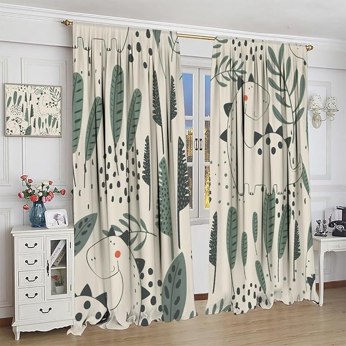 Dinosaur Curtains, Cute Dino Tropical Leaves Plant Beige Green Blackout Window Treatments, Rod Pocket Thermal Insulated Drapes 2 Panel Sets for Children Bedroom Nursery Classroom, 42" W X 63" L