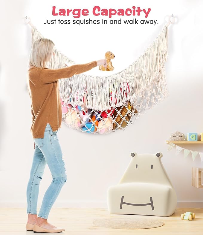 Stuffed Animal Hammock - Extra Large 56'' Long, Stuffed Animal Storage, stuffed animal Holder net, Toy Hammock Large, Toy Storage Hanging Organizer - Cream White