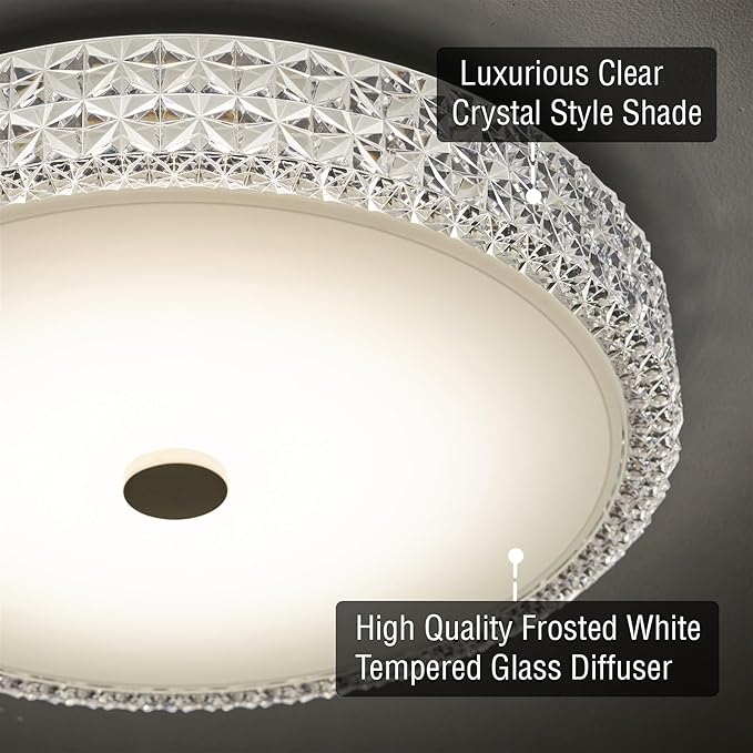 Kira Home Maxine 15" Modern Flush Mount Ceiling Light, Integrated 20W LED (120W eq.), Clear Crystal Style Shade + Round Glass Diffuser, 3000k Warm White Light, White Finish