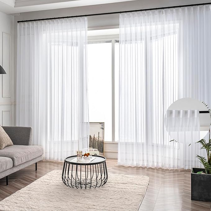 White Sheer Curtains 108 Inches Long Extra, Thin Textured Linen Look Window Sheers, Pinch Pleated Drapes for Living Room, Sliding Glass Door Curtain with Rings & Hooks & Back Tab