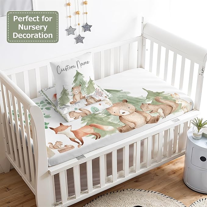 Personalized Baby Crib Bedding Set,3 Piece Custom Name Nursery Set with Blanket, Fitted Sheet & Pillowcase for Baby Girls & Boys, Forest Buddies Theme(Fixed Size)