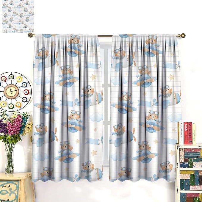 Cartoon Bear Curtains, Lovely Bear Adventure Airplane Blue White Stripe Blackout Window Treatments, Rod Pocket Thermal Insulated Drapes 2 Panel Sets for Kids Bedroom Nursery Classroom, 42"W X 54"L