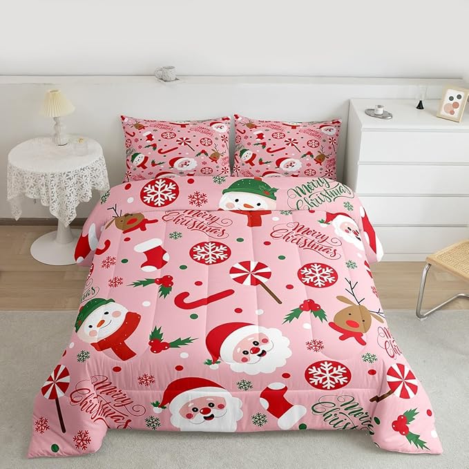 Feelyou Merry Christmas Kids Comforter Set King Size Santa Claus Snowman Bedding Set Deer Berries Duvet Quilt for Kids Boys Girls Bedroom Snowflake Decor Microfiber Ultra Soft Breathable