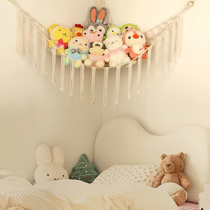 Stuffed Animal Hammock Corner, Hand-knitted Large Plushie Net Toy Hammock with Wooden Rings | Boho Cute Stuff Animal Storage for Nursery & Bedroom | Mesh Kids Toy Organizer Holder Nursery Room Decor