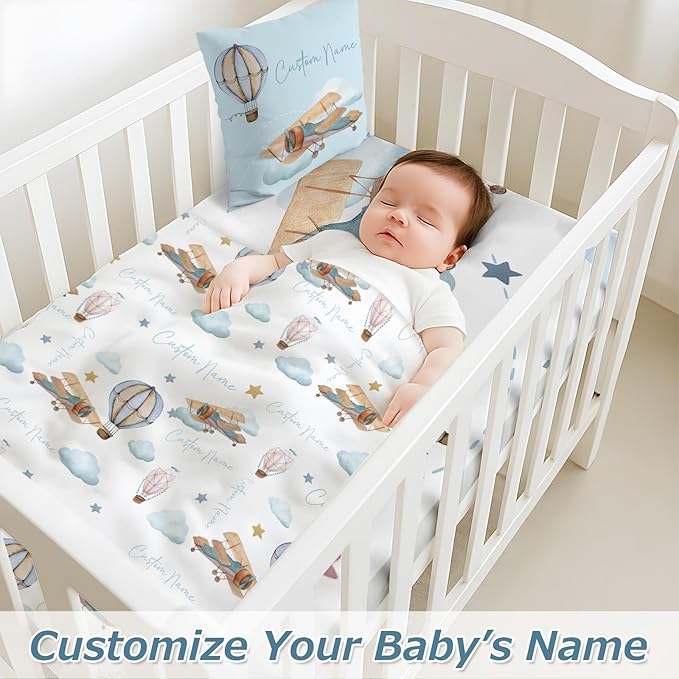 Personalized Baby Crib Bedding Set,3 Piece Custom Name Nursery Set with Blanket, Fitted Sheet & Pillowcase for Baby Girls & Boys, Sky Adventuren Theme(Fixed Size)