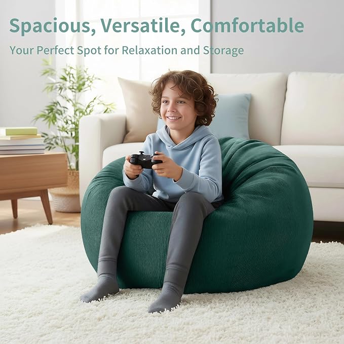 Nobildonna 3 ft Bean Bag Chair Cover (No Filler) 35"×43" Large Stuffed Animal Storage Bean Bag Washable Big Beanbag Chair Cover Premium Corduroy Bean Bag Cover for Adults,Kids,Hunter Green 300L