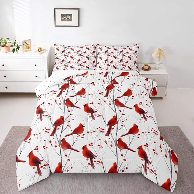 Feelyou Berries and Cardinals Pattern Comforter Set All Season Red Cardinal Bedding Set with 1 Pillow Cases Christmas Kids Toddler Bedclothes Bird Print Decor Animal Decor Duvet Quilt Soft