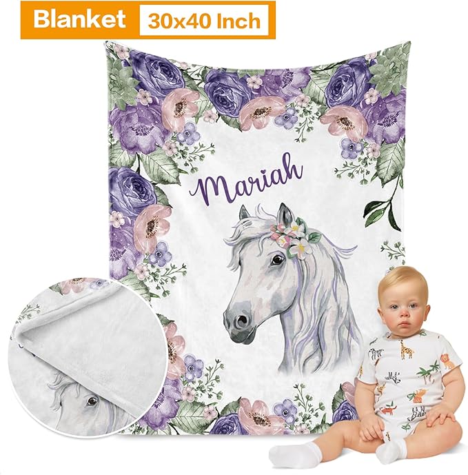 Custom Crib Bedding Set - Horse Design Personalized Name Baby Nursery Bedding 3 Pcs Set - Chic Soft Blanket, Sheet, Pillowcase for Newborns Boys Girls Gifts Color09