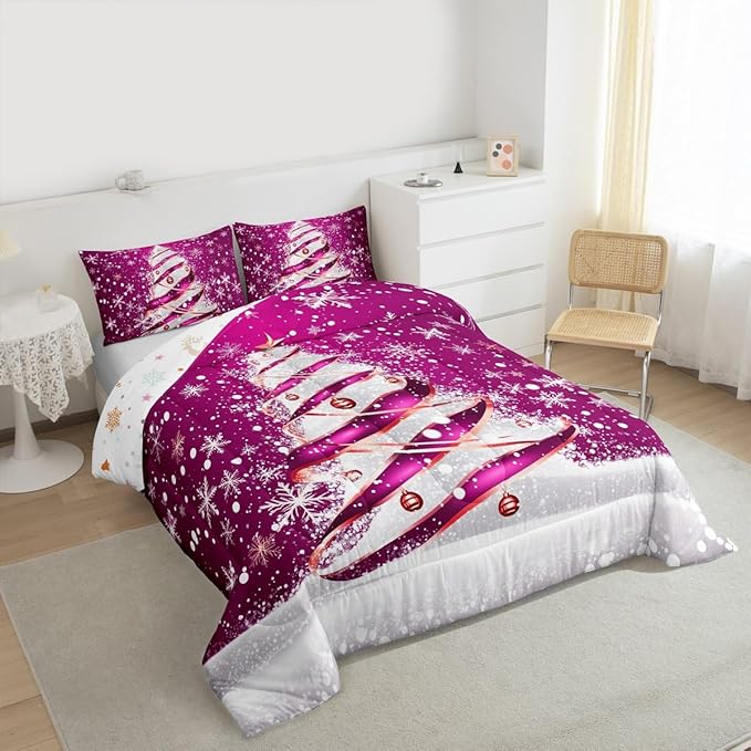 Feelyou Merry Christmas Bedding Set Soft for Boys Girls, Christmas Tree Comforter Set Queen Size Snowflake Duvet Quilt Microfiber Winter Bedroom Decor 3 Pcs with 2 Pillow Cases